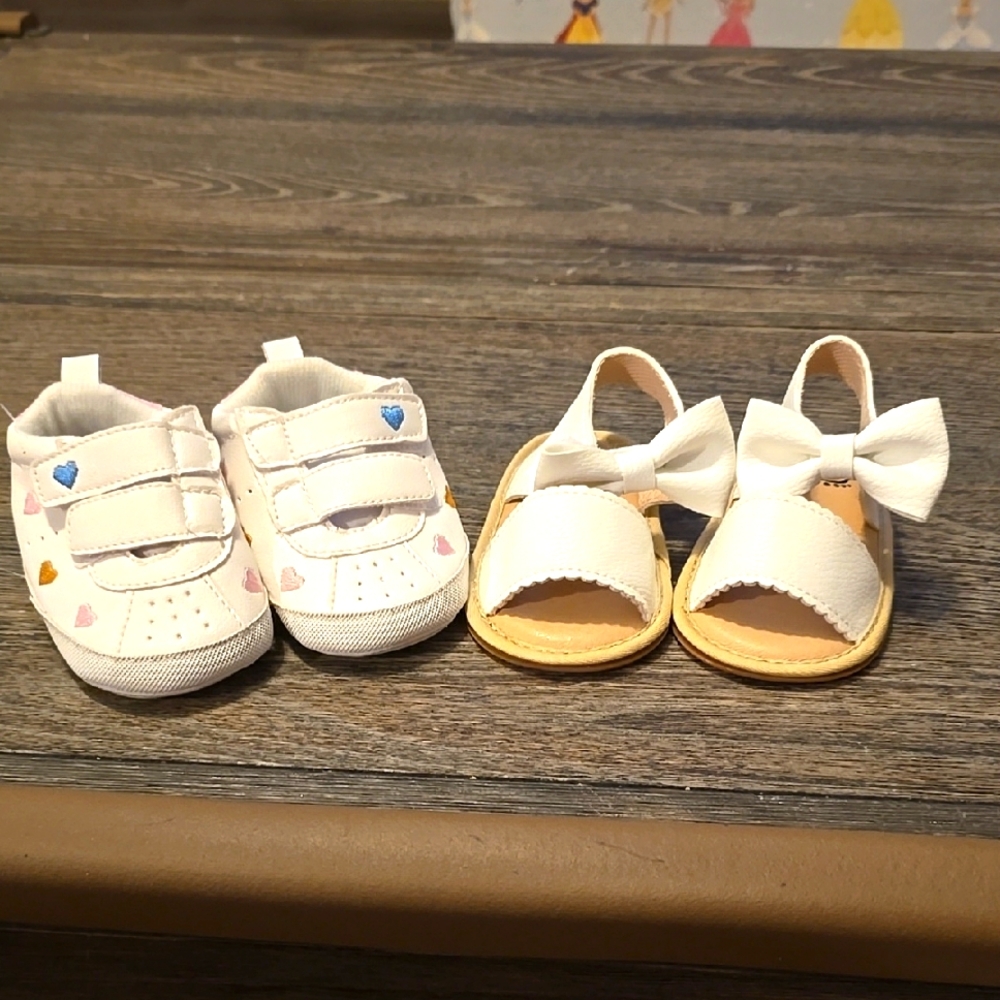 White Baby Shoes with Heart Accents and White sandals with bow